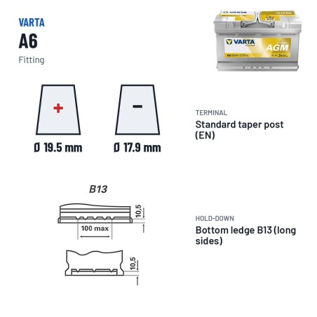 Batería Start-Stop Varta A6 12V 80Ah 800A AGM – borne y sujeción