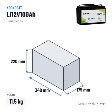 Batterie marine Kronobat LI12V100Ah 12V LiFePo4 – dimensions 340 × 175 × 220 mm