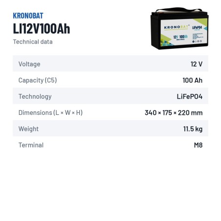 Marine battery Kronobat LI12V100Ah 12V LiFePo4 – technical data