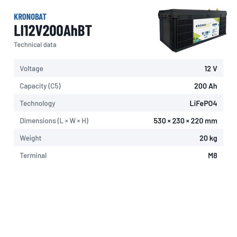 Bateria náutica Kronobat LI12V200AhBT 12V LiFePo4 | baterias.com