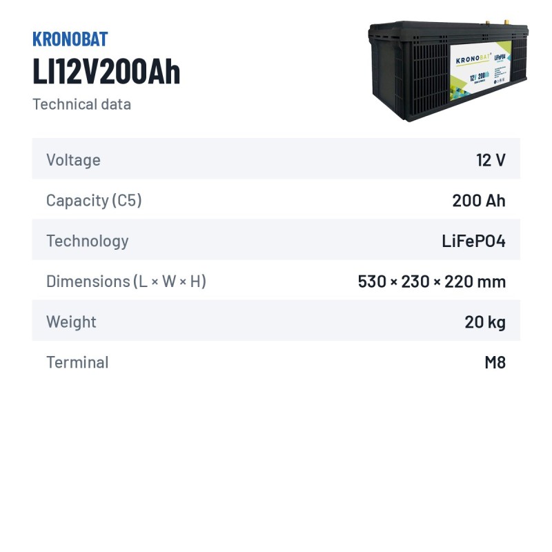Batería náutica Kronobat LI12V200Ah 12V LiFePo4 – ficha técnica
