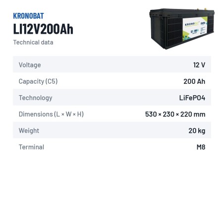 Batería náutica Kronobat LI12V200Ah 12V LiFePo4 – ficha técnica