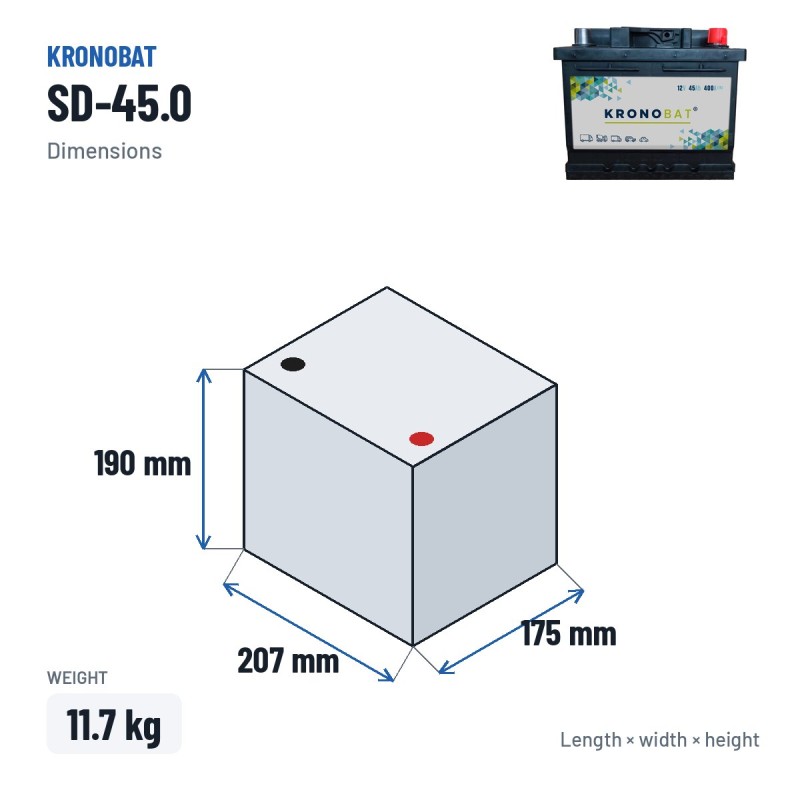 Batteria auto Kronobat SD-45.0 12V 45Ah 400A – dimensioni 207 × 175 × 190 mm