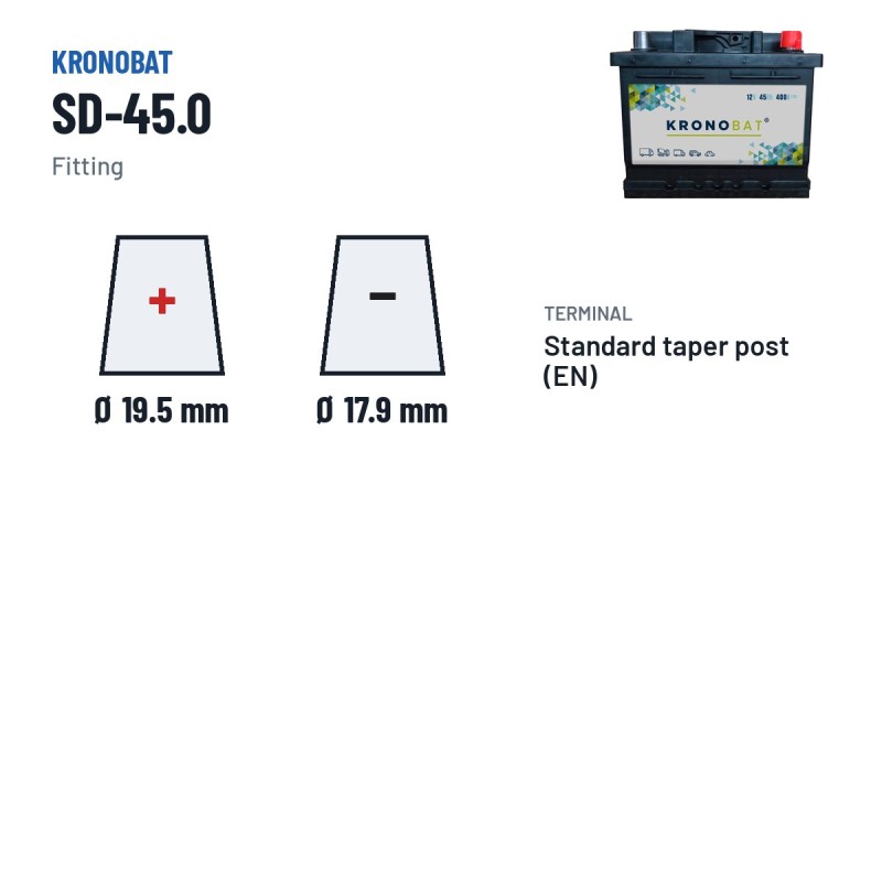 Batteria auto Kronobat SD-45.0 12V 45Ah 400A – terminali e fissaggio