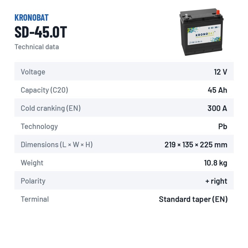 Autobatterie Kronobat SD-45.0T 12V 45Ah 300A – technische Daten