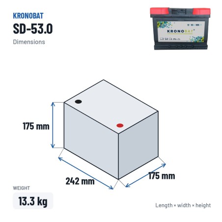 Batterie voiture Kronobat SD-53.0 12V 53Ah 500A – dimensions 242 × 175 × 175 mm