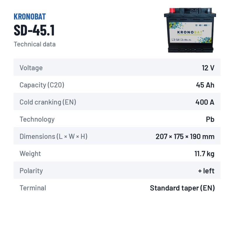Batteria auto Kronobat SD-45.1 12V 45Ah 400A – scheda tecnica