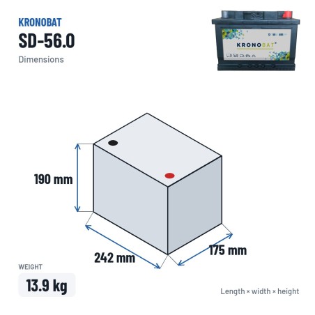 Car battery Kronobat SD-56.0 12V 56Ah 480A – dimensions 242 × 175 × 190 mm