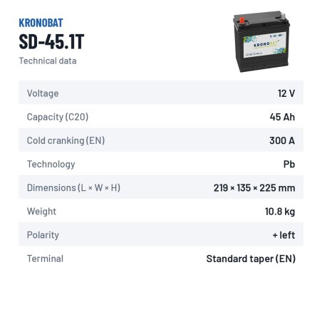 Batería de coche Kronobat SD-45.1T 12V 45Ah 300A | baterias.com