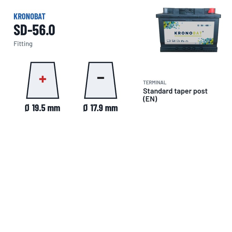 Car battery Kronobat SD-56.0 12V 56Ah 480A – terminal and hold-down