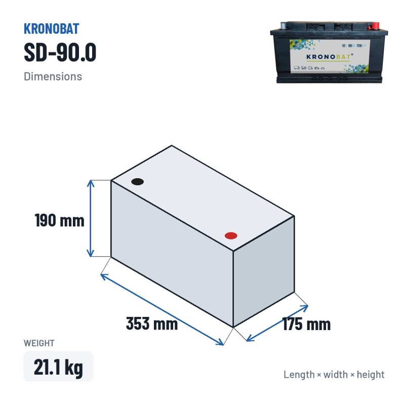 Car battery Kronobat SD-90.0 12V 90Ah 720A – dimensions 353 × 175 × 190 mm