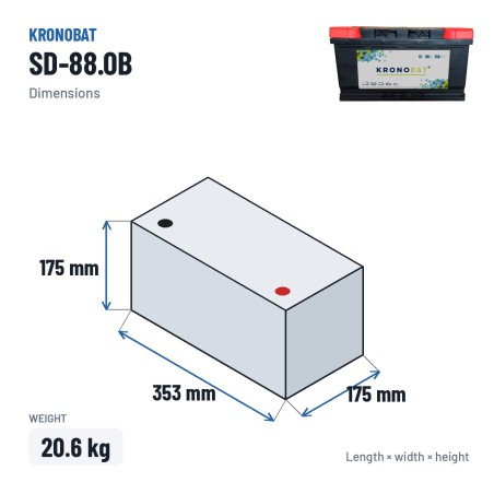 Car battery Kronobat SD-88.0B 12V 88Ah 740A – dimensions 353 × 175 × 175 mm