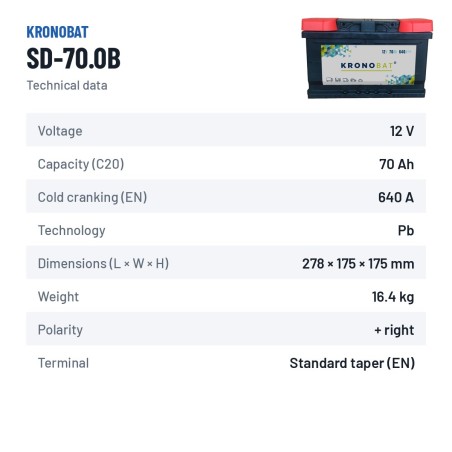 Batteria auto Kronobat SD-70.0B 12V 70Ah 640A | baterias.com
