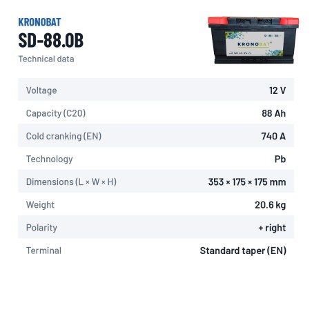 Batería de coche Kronobat SD-88.0B 12V 88Ah 740A | baterias.com