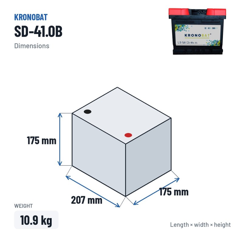 Batteria auto Kronobat SD-41.0B 12V 41Ah 360A – dimensioni 207 × 175 × 175 mm
