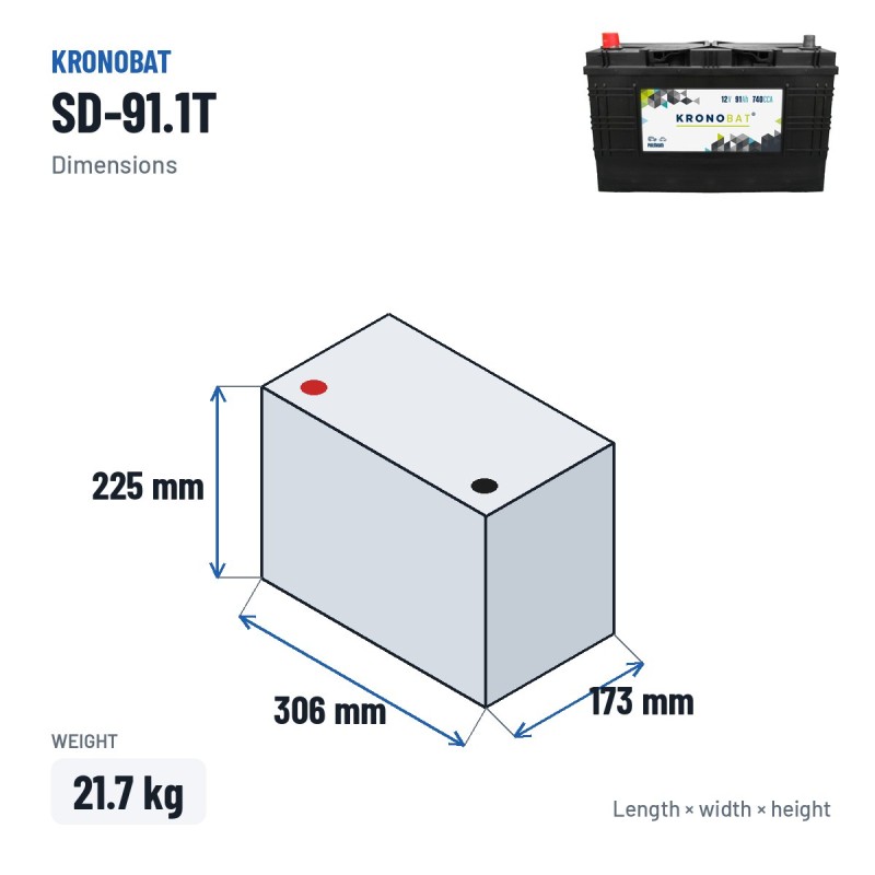 Batteria auto Kronobat SD-91.1T 12V 91Ah 740A – dimensioni 306 × 173 × 225 mm