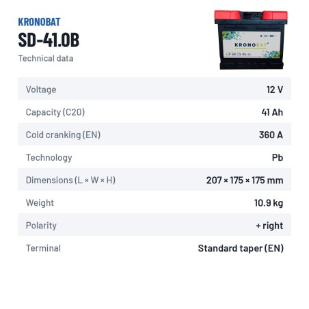 Car battery Kronobat SD-41.0B 12V 41Ah 360A – technical data