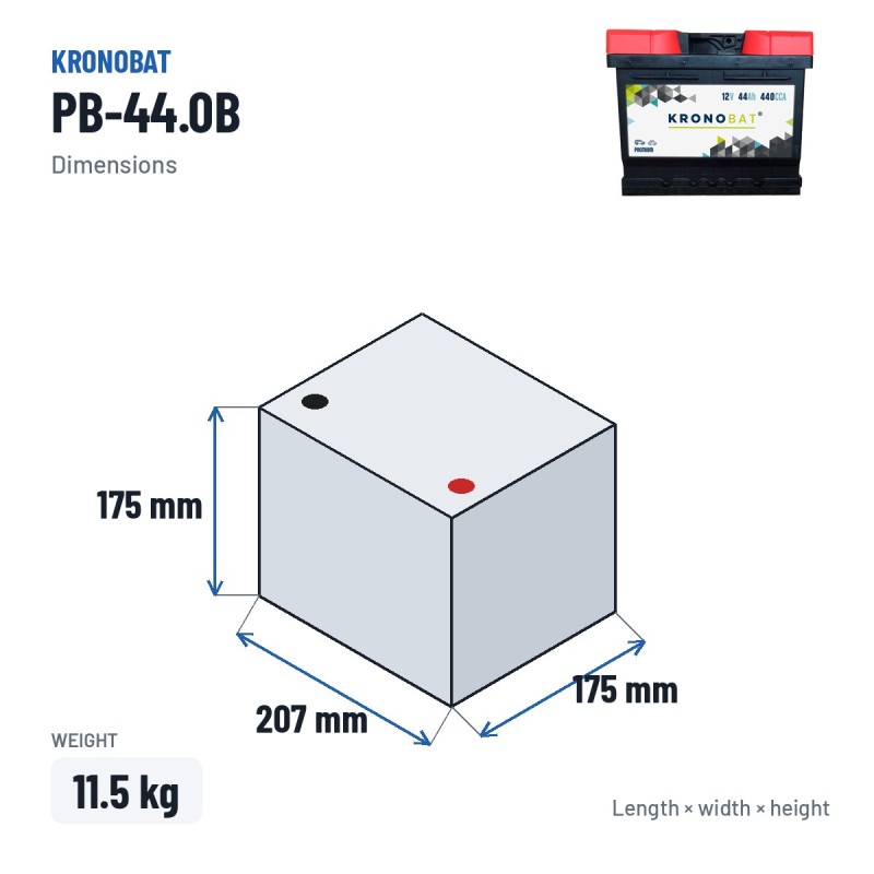 Autobatterie Kronobat PB-44.0B 12V 44Ah 440A – Abmessungen 207 × 175 × 175 mm