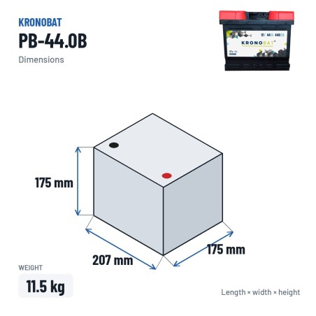 Bateria de carro Kronobat PB-44.0B 12V 44Ah 440A – medidas 207 × 175 × 175 mm