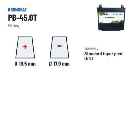 Bateria de carro Kronobat PB-45.0T 12V 45Ah 330A – terminal e fixação