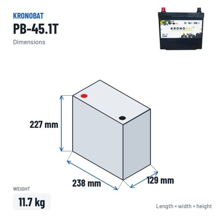 Bateria de carro Kronobat PB-45.1T 12V 45Ah 330A – medidas 238 × 129 × 227 mm
