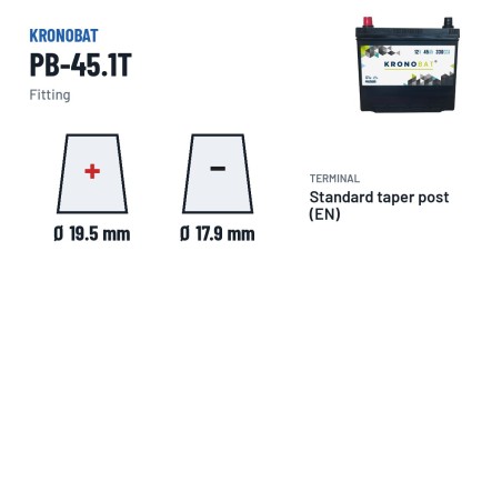 Bateria de carro Kronobat PB-45.1T 12V 45Ah 330A – terminal e fixação