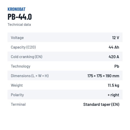 Batería de coche Kronobat PB-44.0 12V 44Ah 420A – ficha técnica
