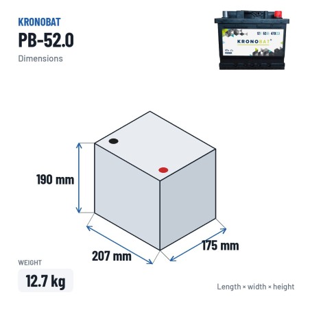 Car battery Kronobat PB-52.0 12V 52Ah 470A – dimensions 207 × 175 × 190 mm
