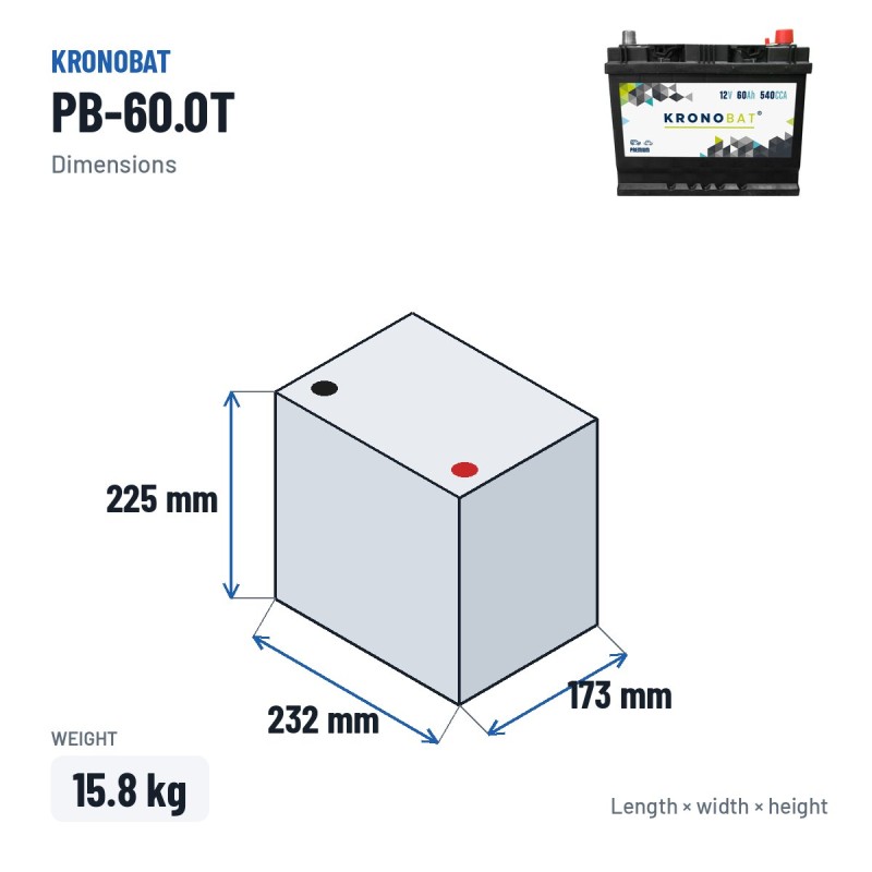 Autobatterie Kronobat PB-60.0T 12V 60Ah 540A – Abmessungen 232 × 173 × 225 mm