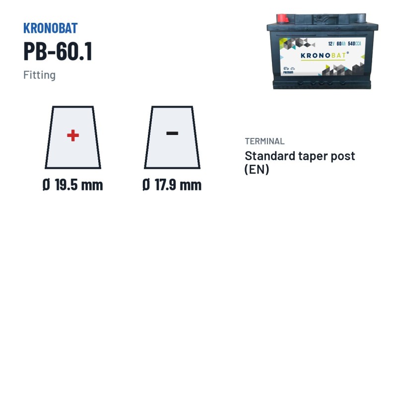 Bateria de carro Kronobat PB-60.1 12V 60Ah 540A – terminal e fixação