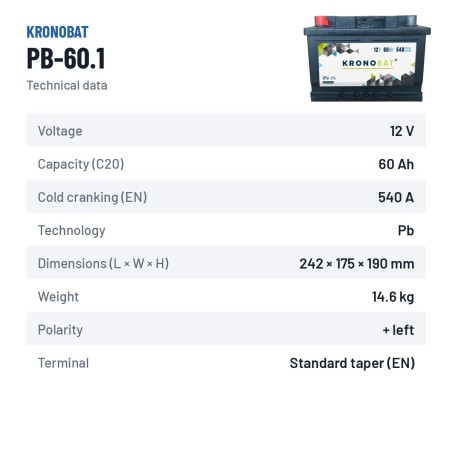 Bateria de carro Kronobat PB-60.1 12V 60Ah 540A – ficha técnica