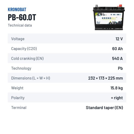 Batteria auto Kronobat PB-60.0T 12V 60Ah 540A | baterias.com