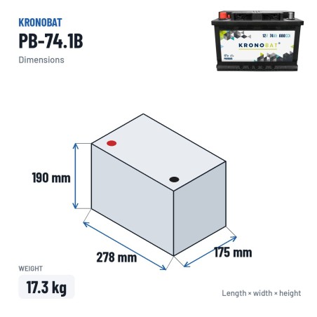 Bateria de carro Kronobat PB-74.1B 12V 74Ah 680A – medidas 278 × 175 × 190 mm