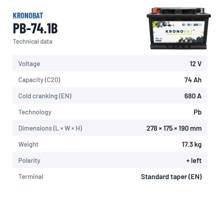 Bateria de carro Kronobat PB-74.1B 12V 74Ah 680A – ficha técnica