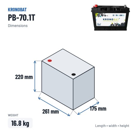 Batteria auto Kronobat PB-70.1T 12V 70Ah 630A – dimensioni 261 × 175 × 220 mm