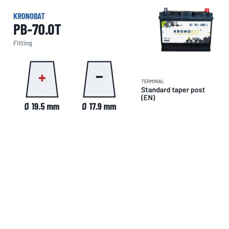 Bateria de carro Kronobat PB-70.0T 12V 70Ah 630A – terminal e fixação