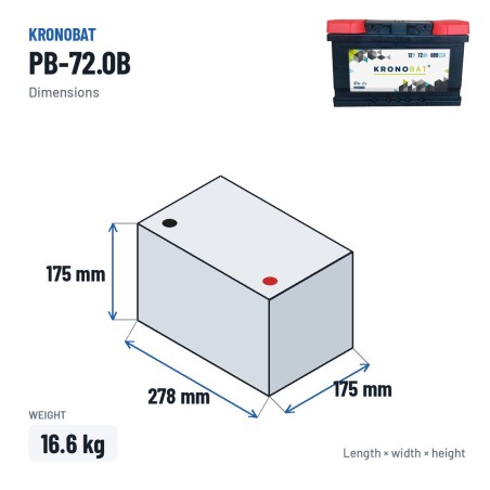 Batería de coche Kronobat PB-72.0B 12V 72Ah 680A – medidas 278 × 175 × 175 mm