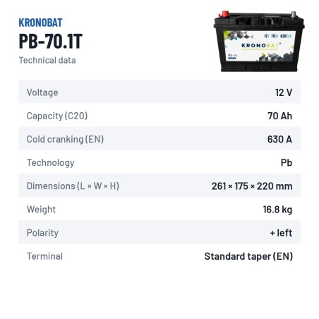 Bateria de carro Kronobat PB-70.1T 12V 70Ah 630A – ficha técnica