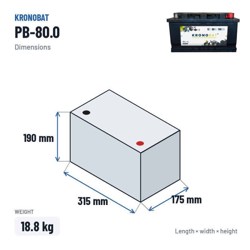 Batteria auto Kronobat PB-80.0 12V 80Ah 740A – dimensioni 315 × 175 × 190 mm