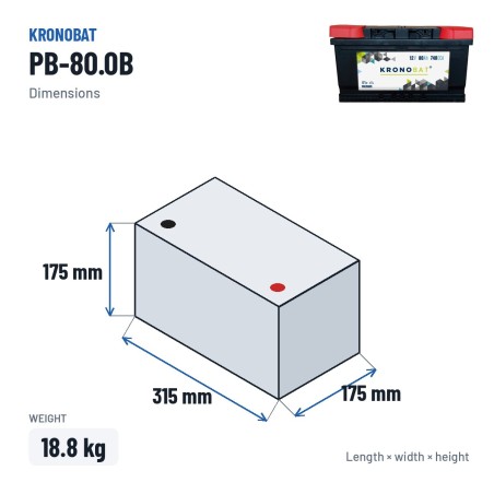 Batería de coche Kronobat PB-80.0B 12V 80Ah 740A – medidas 315 × 175 × 175 mm