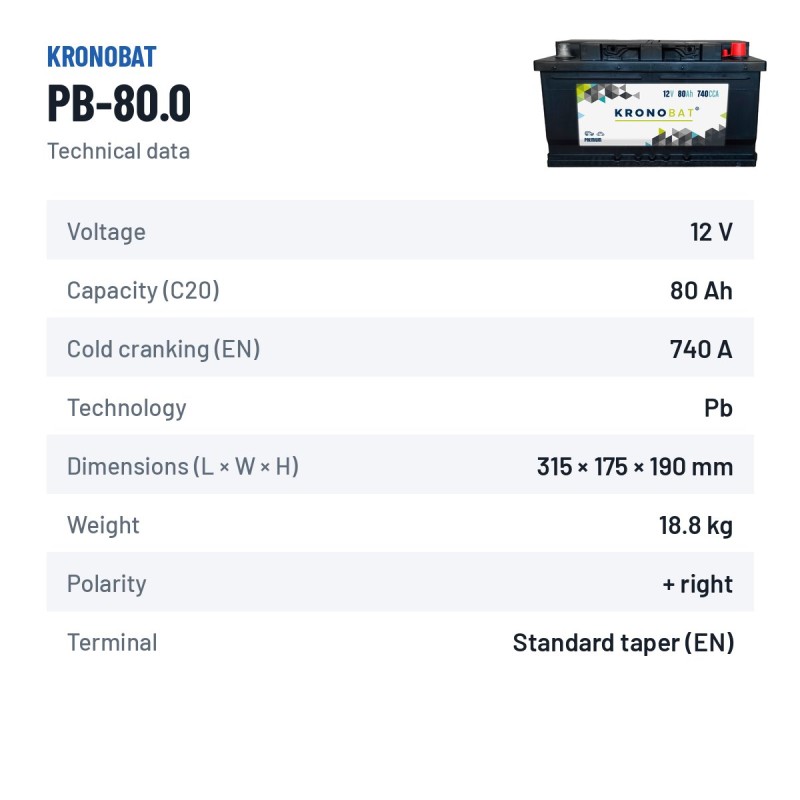 Bateria de carro Kronobat PB-80.0 12V 80Ah 740A – ficha técnica