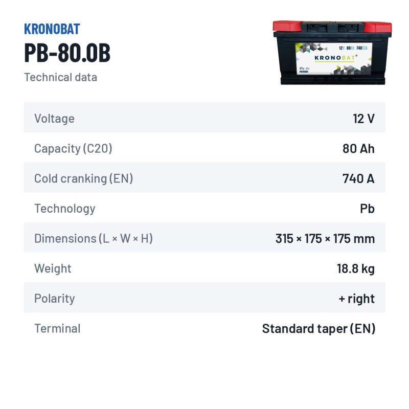Bateria de carro Kronobat PB-80.0B 12V 80Ah 740A – ficha técnica