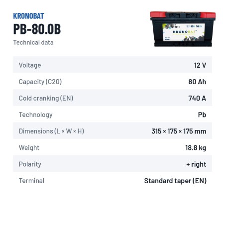 Batterie voiture Kronobat PB-80.0B 12V 80Ah 740A – fiche technique