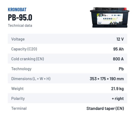 Bateria de carro Kronobat PB-95.0 12V 95Ah 800A – ficha técnica