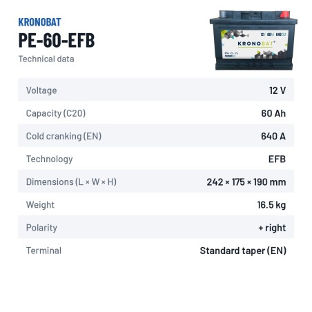 Start-Stop battery Kronobat PE-60-EFB 12V 60Ah 640A EFB – technical data