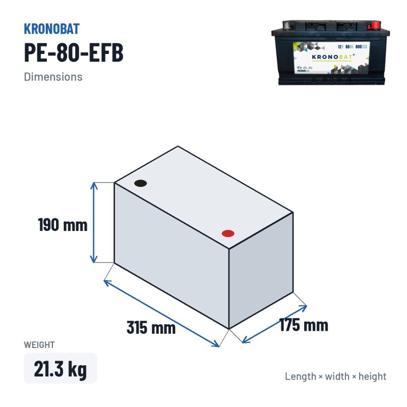 Batteria Start-Stop Kronobat PE-80-EFB 12V 80Ah 800A EFB – dimensioni 315 × 175 × 190 mm