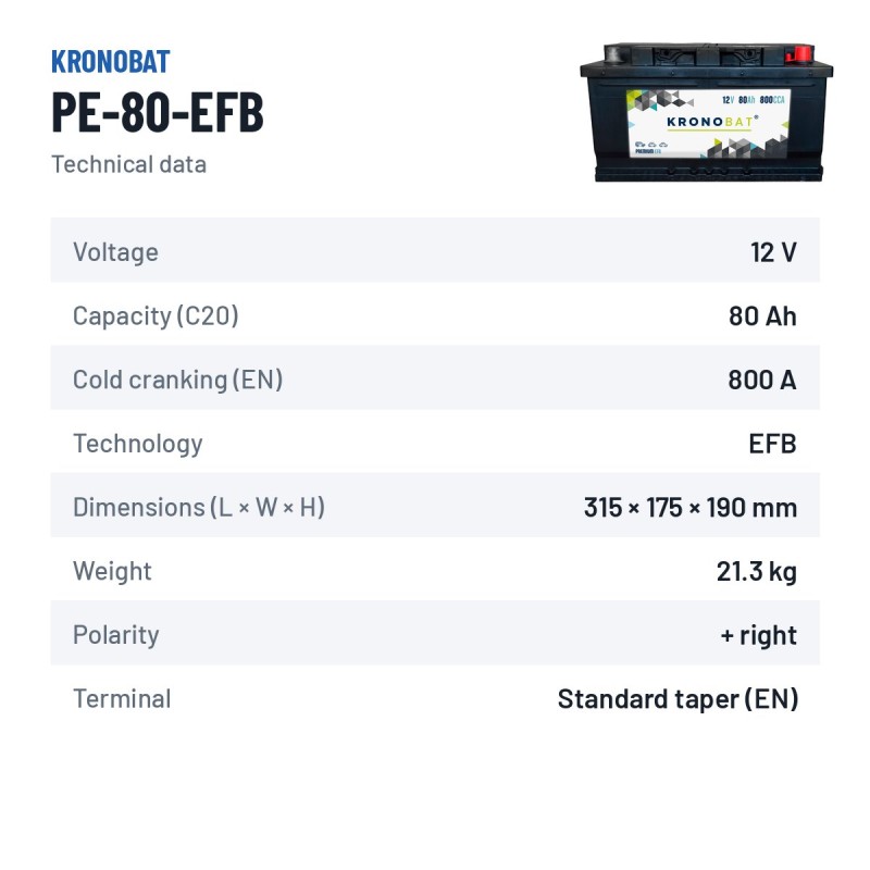 Batteria Start-Stop Kronobat PE-80-EFB 12V 80Ah 800A EFB – scheda tecnica