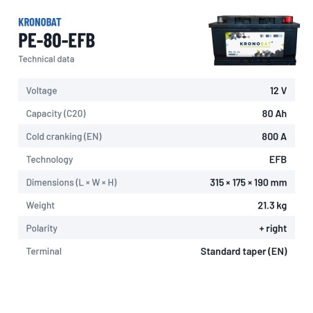 Start-Stop battery Kronobat PE-80-EFB 12V 80Ah 800A EFB – technical data