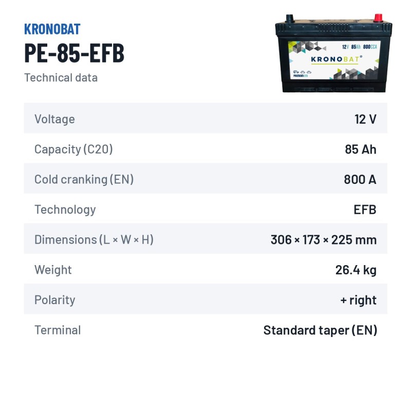 Bateria Start-Stop Kronobat PE-85-EFB 12V 85Ah 800A EFB – ficha técnica