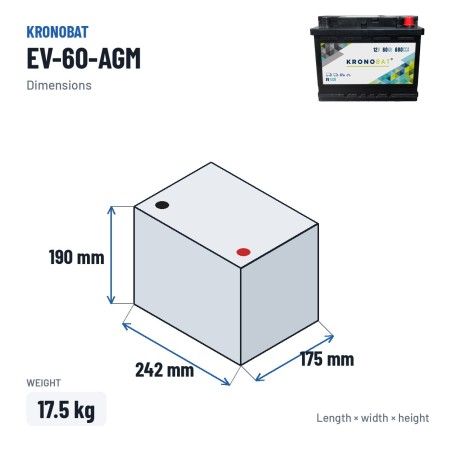 Bateria de caravana Kronobat EV-60-AGM 12V 60Ah 680A AGM – medidas 242 × 175 × 190 mm